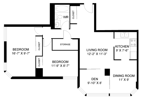 Floor plan for 2 beds, 1 bath, 962 sqft